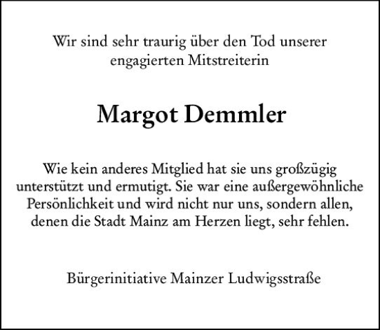 Traueranzeige von Margot Demmler von vrm-trauer AZ Mainz