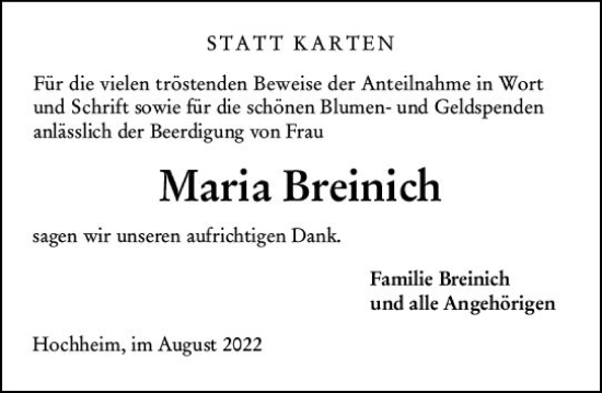 Traueranzeige von Maria Breinich von vrm-trauer Hochheimer Zeitung