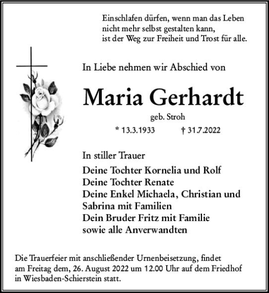 Traueranzeige von Maria Gerhardt von vrm-trauer Wiesbadener Kurier