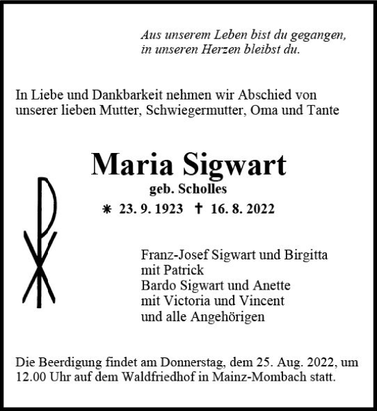 Traueranzeige von Maria Sigwart von vrm-trauer AZ Mainz
