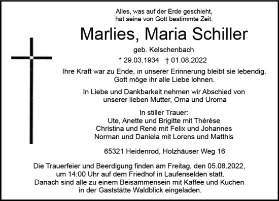 Traueranzeige von Maria Marlies  Schiller von vrm-trauer WK-UTA