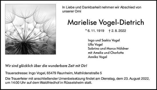 Traueranzeige von Marielise Vogel-Dietrich von vrm-trauer Rüsselsheimer Echo / MainSpitze