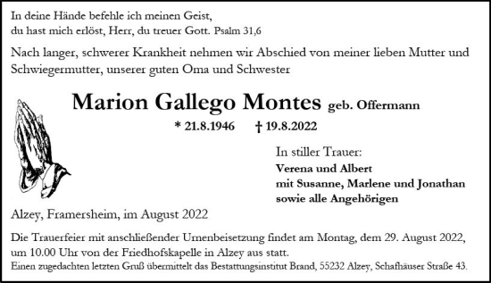 Traueranzeige von Marion Gallego Montes von vrm-trauer AZ Mainz
