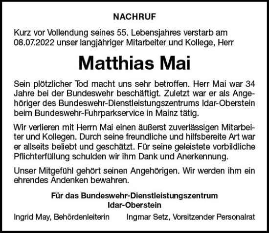 Traueranzeige von Matthias Mai von vrm-trauer Wiesbadener Kurier