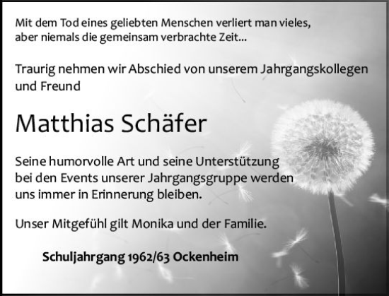 Traueranzeige von Matthias Schäfer von vrm-trauer Allgemeine  Zeitung Ingelheim-Bingen