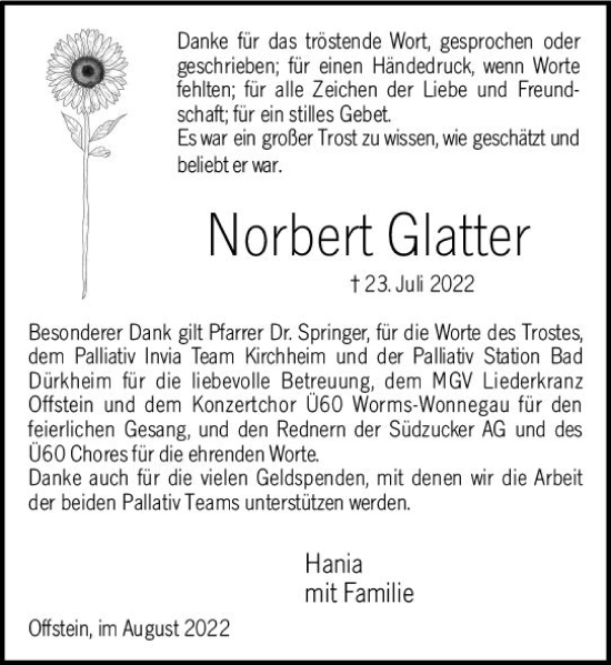 Traueranzeige von Norbert Glatter von vrm-trauer Wormser Zeitung