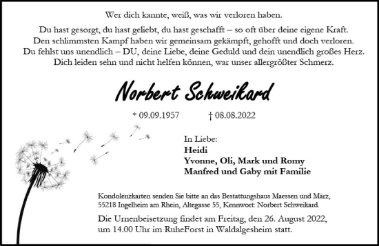 Traueranzeige von Norbert Schweikard von vrm-trauer Allgemeine  Zeitung Ingelheim-Bingen
