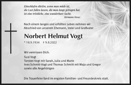 Traueranzeige von Norbert Helmut Vogt von vrm-trauer Darmstädter Echo