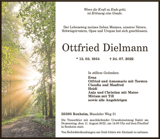 Traueranzeige von Ottfried Dielmann von vrm-trauer Allg. Zeitung Bad Kreuznach