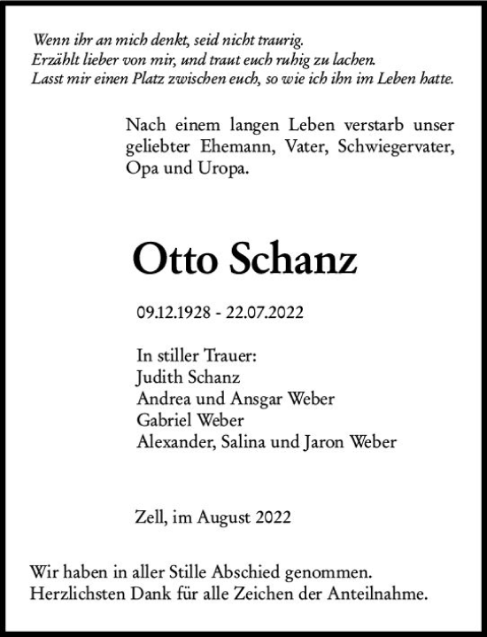 Traueranzeige von Otto Schanz von vrm-trauer Odenwälder Echo