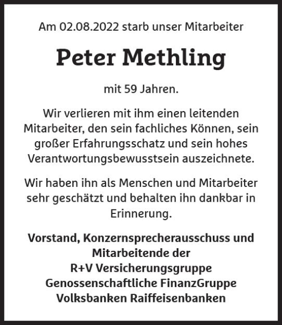Traueranzeige von Peter Methling von vrm-trauer Wiesbadener Kurier