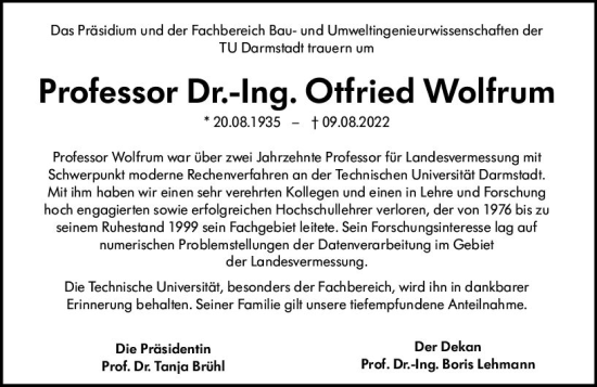 Traueranzeige von Professor Otfried Wolfrum von vrm-trauer Darmstädter Echo