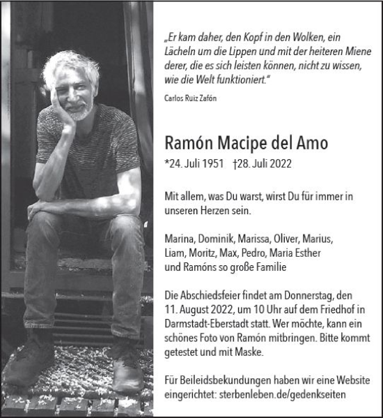 Traueranzeige von Ramon Macipe del Arno von vrm-trauer Darmstädter Echo