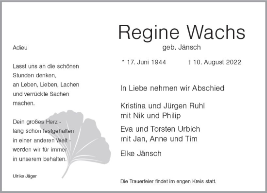 Traueranzeige von Regine Wachs von vrm-trauer Wiesbadener Kurier