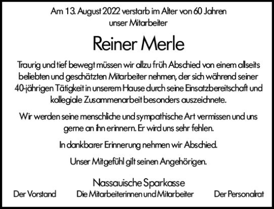Traueranzeige von Reiner Merle von vrm-trauer Wiesbadener Kurier