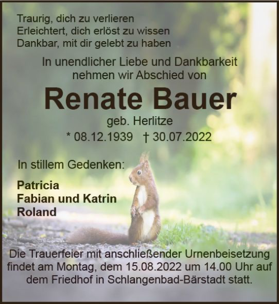 Traueranzeige von Renate Bauer von vrm-trauer Wiesbadener Kurier
