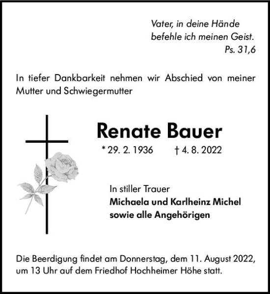 Traueranzeige von Renate Bauer von vrm-trauer Wormser Zeitung