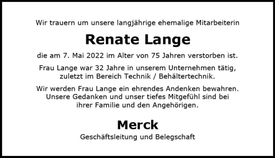Traueranzeige von Renate Lange von vrm-trauer Darmstädter Echo