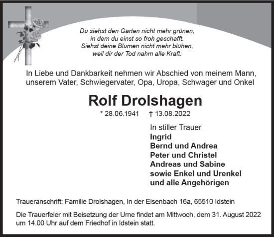Traueranzeige von Rolf Drolshagen von vrm-trauer Idsteiner Zeitung