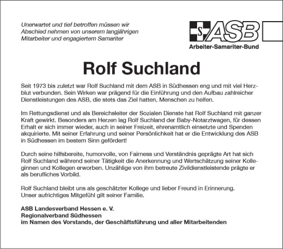 Traueranzeige von Rolf Suchland von vrm-trauer Darmstädter Echo