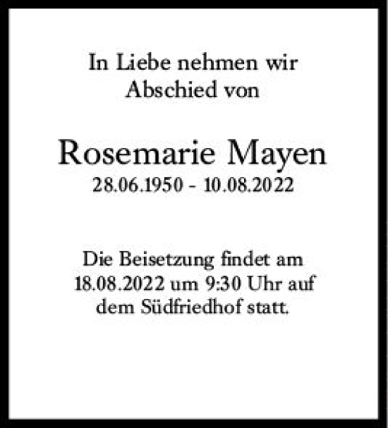 Traueranzeige von Rosemarie Mayen von vrm-trauer Wiesbadener Kurier