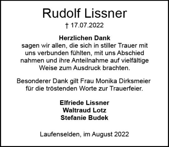 Traueranzeige von Rudolf Lissner von vrm-trauer Wiesbadener Kurier