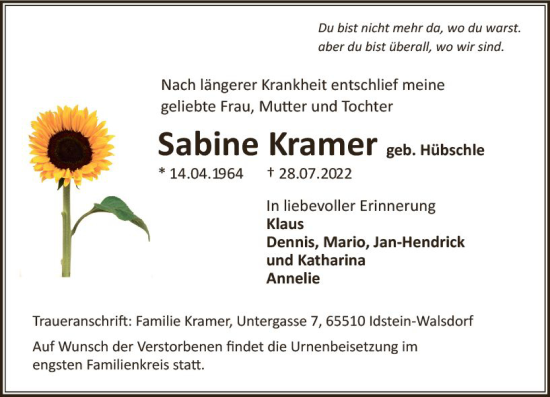 Traueranzeige von Sabine Kramer von vrm-trauer Idsteiner Zeitung