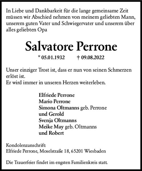 Traueranzeige von Salvatore Perrone von vrm-trauer Wiesbadener Kurier