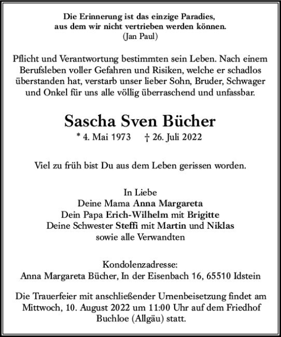 Traueranzeige von Sascha Sven Bücher von vrm-trauer Idsteiner Zeitung