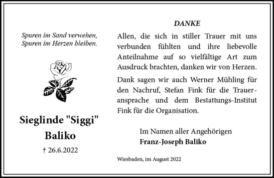 Traueranzeige von Sieglinde Baliko von vrm-trauer Wiesbadener Kurier