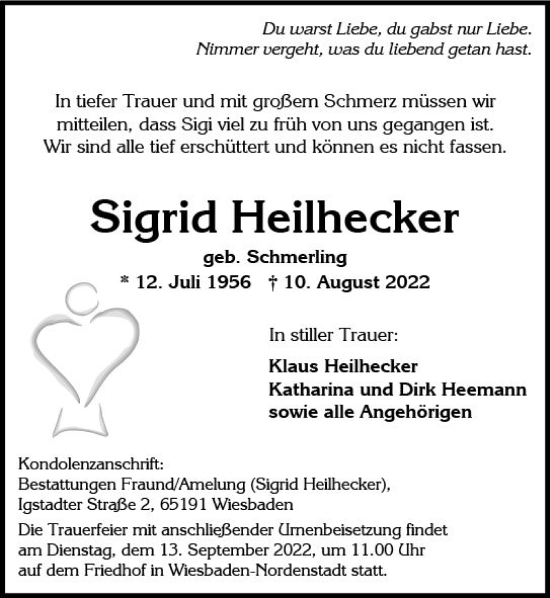 Traueranzeige von Sigrid Heilhecker von vrm-trauer Wiesbadener Kurier