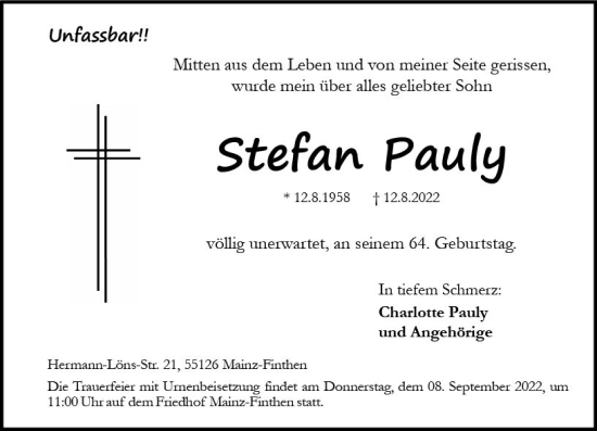 Traueranzeige von Stefan Pauly von vrm-trauer AZ Mainz
