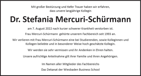 Traueranzeige von Stefania Mercuri-Schürmann von vrm-trauer Wiesbadener Kurier