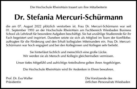 Traueranzeige von Stefania Mercuri-Schürmann von vrm-trauer Wiesbadener Kurier