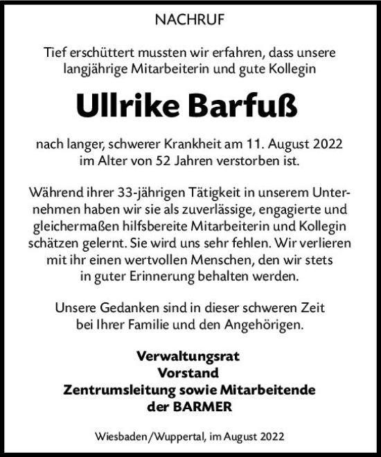 Traueranzeige von Ullrike Barfuß von vrm-trauer Wiesbadener Kurier