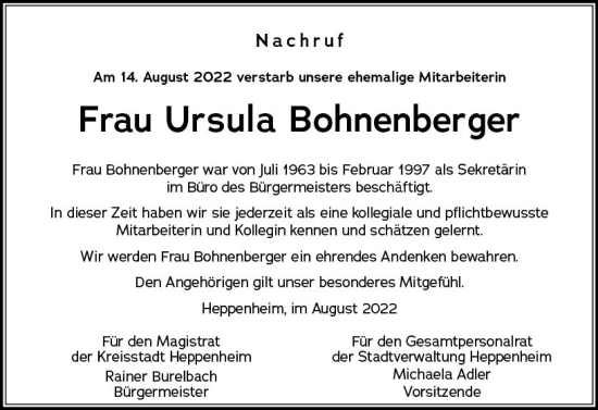 Traueranzeige von Ursula Bohnenberger von vrm-trauer Bürstädter/Lamperth. Ztg/Starkenburger