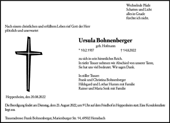Traueranzeige von Ursula Bohnenberger von vrm-trauer Bürstädter/Lamperth. Ztg/Starkenburger