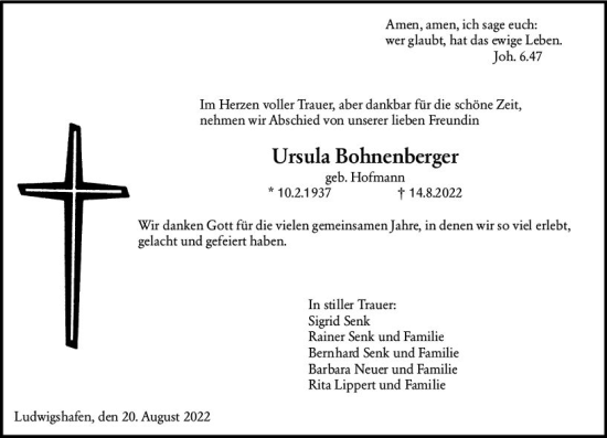 Traueranzeige von Ursula Bohnenberger von vrm-trauer Bürstädter/Lamperth. Ztg/Starkenburger