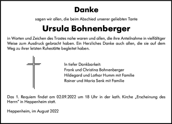 Traueranzeige von Ursula Bohnenberger von vrm-trauer Bürstädter/Lamperth. Ztg/Starkenburger