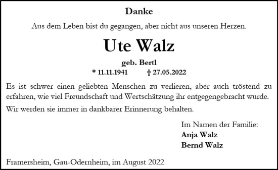 Traueranzeige von Ute Walz von vrm-trauer Allgemeine Zeitung Alzey