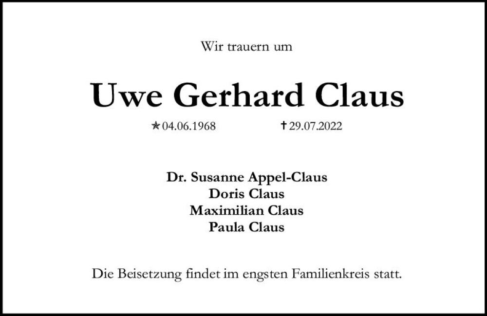  Traueranzeige für Uwe Gerhard Claus vom 06.08.2022 aus vrm-trauer Allgemeine  Zeitung Ingelheim-Bingen
