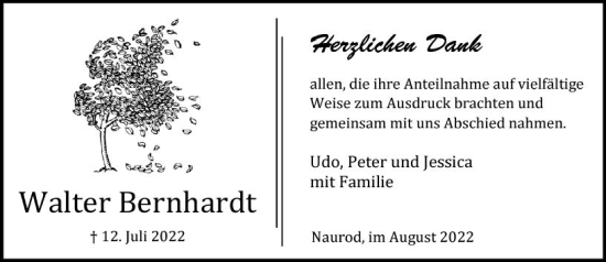 Traueranzeige von Walter Bernhardt von vrm-trauer Wiesbadener Kurier