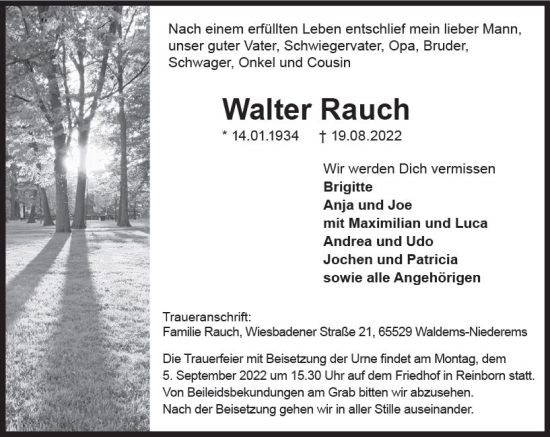 Traueranzeige von Walter Rauch von vrm-trauer Idsteiner Zeitung