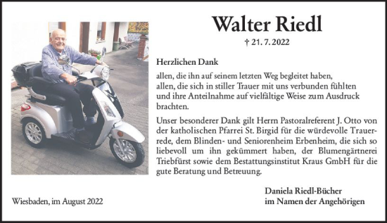 Traueranzeige von Walter Riedl von vrm-trauer Wiesbadener Kurier