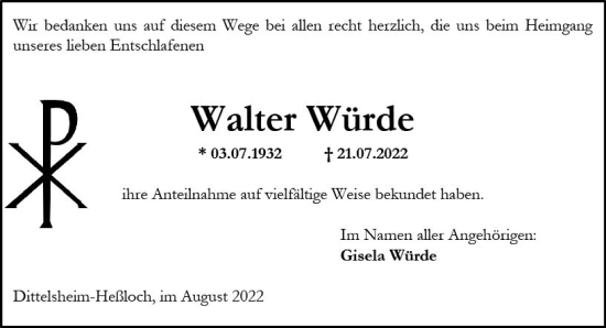 Traueranzeige von Walter Würde von vrm-trauer Wormser Zeitung