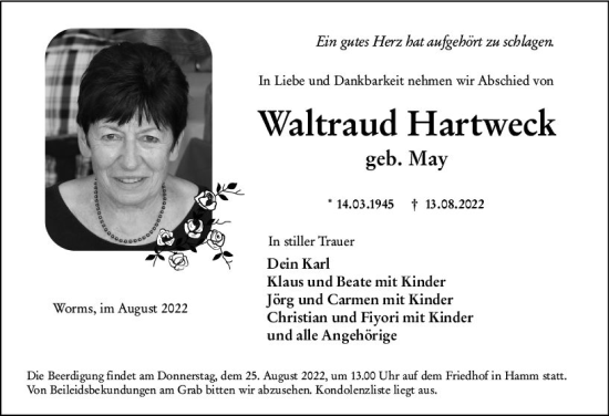 Traueranzeige von Waltraud Hartweck von vrm-trauer Wormser Zeitung