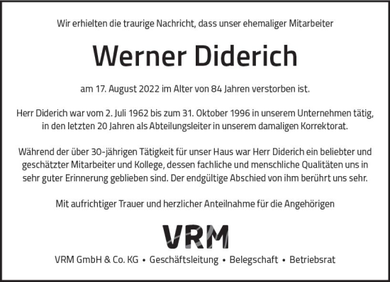 Traueranzeige von Werner Diderich von vrm-trauer AZ Mainz