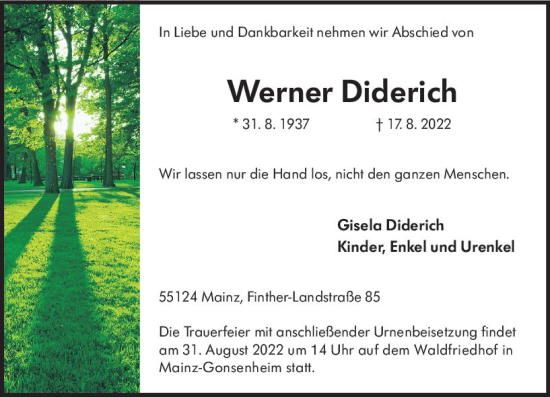 Traueranzeige von Werner Diderich von vrm-trauer AZ Mainz