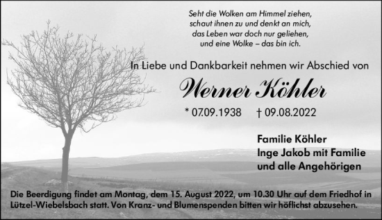 Traueranzeige von Werner Köhler von vrm-trauer Odenwälder Echo