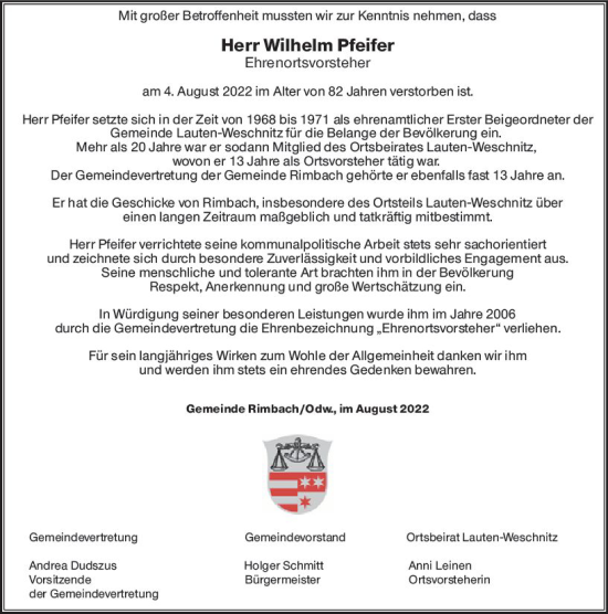 Traueranzeige von Wilhelm Pfeifer von vrm-trauer Bürstädter/Lamperth. Ztg/Starkenburger